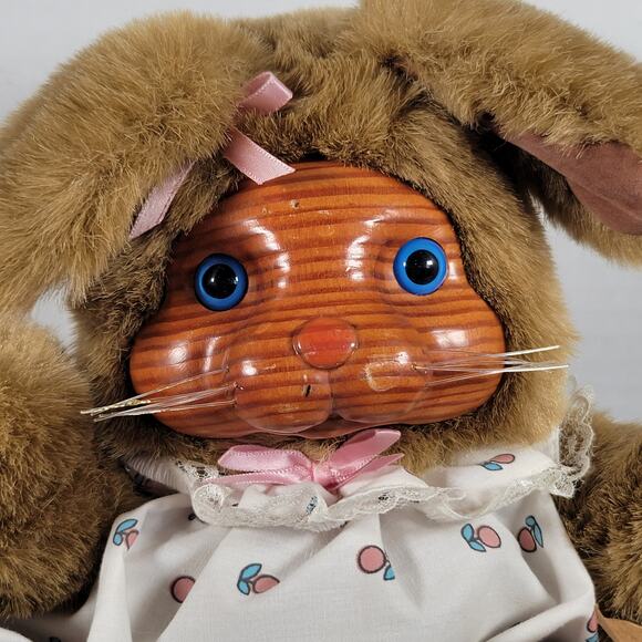 Applause Plush Bunny 12" Vintage 1985 Rakes Wood Face Lace Dress Collectible - Picture 13 of 16